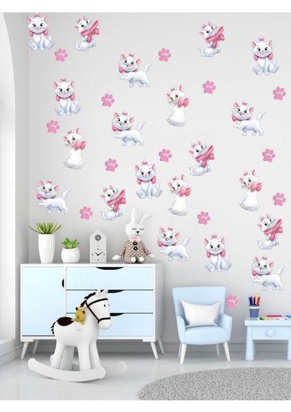 , Çocuk Odası, Pembe Kurdeleli, Sevimli Beyaz Kedi, Cam, Duvar Sticker, 50 x 100 cm