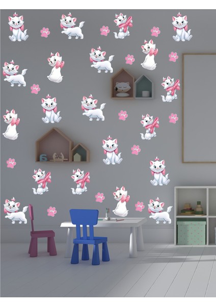 , Çocuk Odası, Pembe Kurdeleli, Sevimli Beyaz Kedi, Cam, Duvar Sticker, 50 x 100 cm modelleri