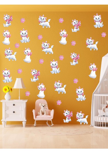 , Çocuk Odası, Pembe Kurdeleli, Sevimli Beyaz Kedi, Cam, Duvar Sticker, 50 x 100 cm fırsatları