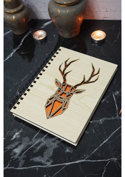 Geyik Figürlü Ahşap Kapaklı Defter - Çizgisiz Defter - Günlük - Ajanda- A5 Anı Defteri