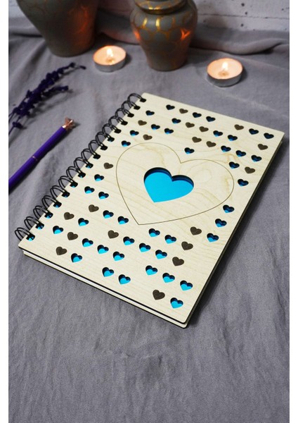 Kalp Desenli Ahşap Kapaklı Defter - Çizgisiz Defter - Günlük - Ajanda-Hediyelik-A5 Anı Defteri