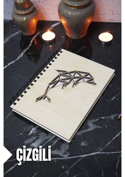 Yunus Balığı Temalı Ahşap Kapaklı Defter - Çizgili Defter - Ajanda - Okul Defteri (A5 - 120 Sayfa)