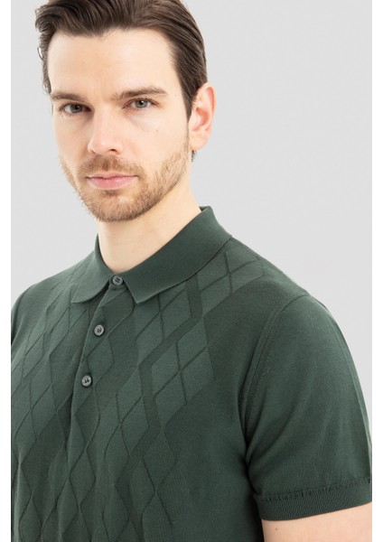 Abri Özel Erkek Yeşil Polo Yaka Jakarlı Tişört - Slim Fit fırsatları