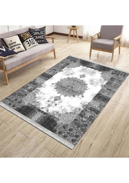 Klasik Desenli Gri Makinede Yıkanabilir Kilim Kaymaz Dot Tabanlı Oturma Odası Halısı 3029D