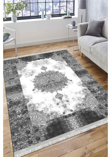 Klasik Desenli Gri Makinede Yıkanabilir Kilim Kaymaz Dot Tabanlı Oturma Odası Halısı 3029D fiyatları