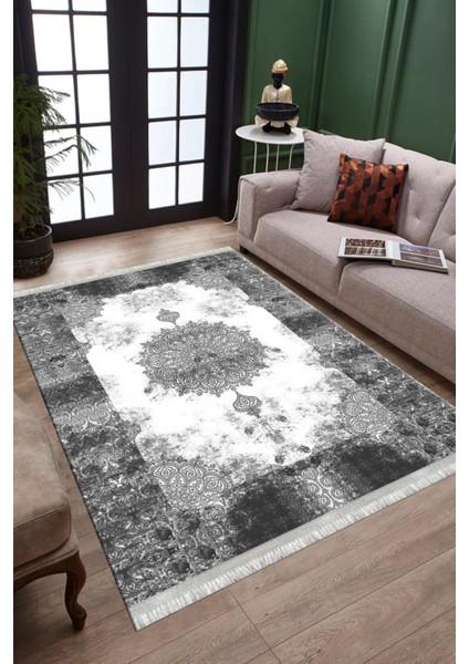 Klasik Desenli Gri Makinede Yıkanabilir Kilim Kaymaz Dot Tabanlı Oturma Odası Halısı 3029D modelleri