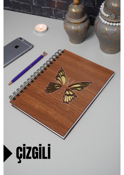 Kelebek Temalı Ahşap Kapaklı Defter - Çizgili Defter - Ajanda - Okul Defteri (A5 - 120 Sayfa)