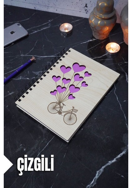 Bisiklet Balon Temalı Ahşap Kapaklı Defter - Çizgili Defter - Ajanda - Okul Defteri (A5 - 120 Sayfa)