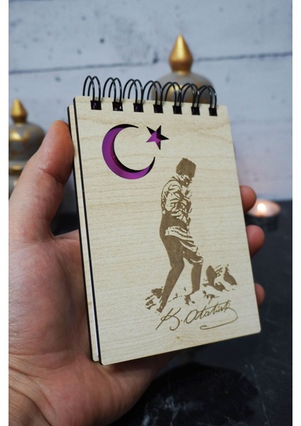 Kemal Atatürk Temalı Ahşap Kapaklı Not Defteri - Mini Defter - Cep Defteri - Benim Listem