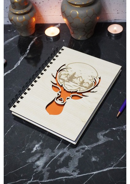 Geyik Figürlü Ahşap Kapaklı Defter - Çizgisiz Defter -Günlük - A5 Anı Defteri