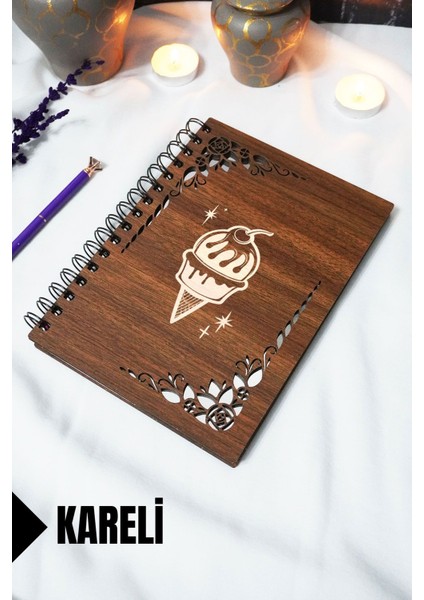 Dondurma Ahşap Kapaklı Defter - Kareli Defter - 60 Yaprak (120 Sayfa) - A5 15X21 cm