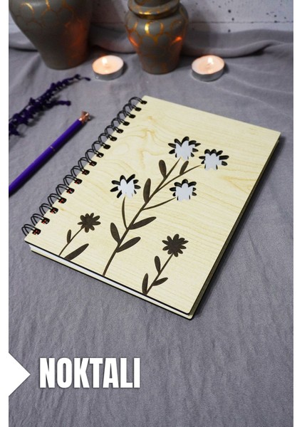 Çiçek Desenli Ahşap Kapaklı Defter - Noktalı Defter - Ajanda - Okul Defteri (A5 - 120 Sayfa)