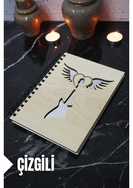 Gitar Kanat Temalı Ahşap Kapaklı Defter - Çizgili Defter - Ajanda - Okul Defteri (A5 - 120 Sayfa)