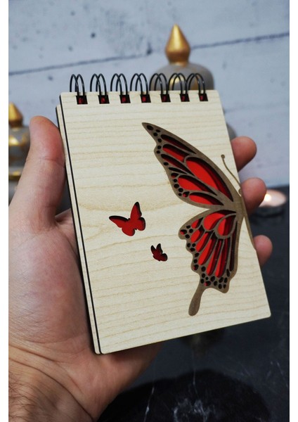 Kelebek Temalı Ahşap Kapaklı Not Defteri - Mini Defter - Cep Defteri - Benim Listem