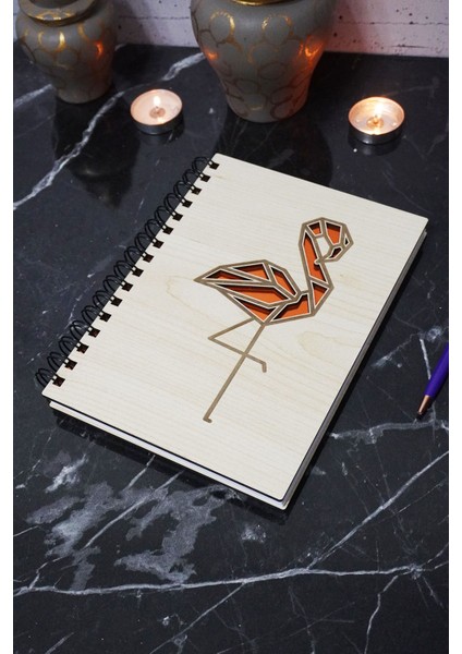 Flamingo Figürlü Ahşap Kapaklı Defter - Çizgisiz Defter - Günlük - Ajanda- A5 Anı Defteri