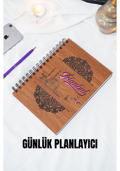 Istanbul Tasarım Ahşap Kapak Planlayıcı - Süresiz Günlük Planlama Defteri (Ceviz) A5 Tarihsiz Ajanda