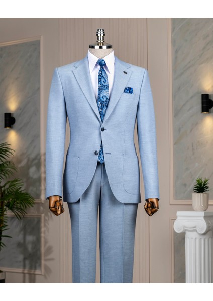Italyan Stil Slim Fit Mono Yaka Ceket Pantolon Takım Elbise Mavi T14473