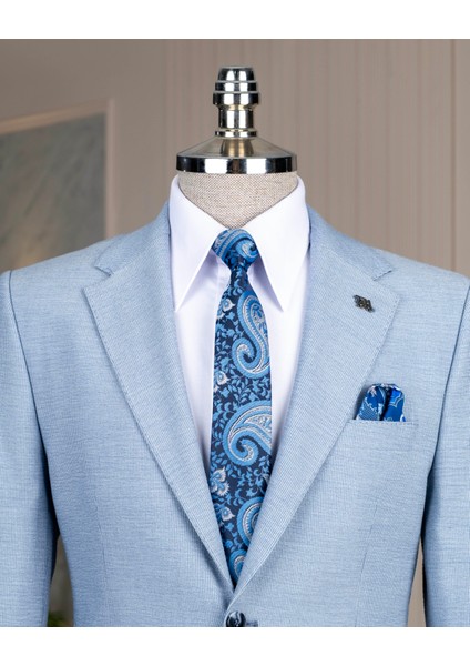Italyan Stil Slim Fit Mono Yaka Ceket Pantolon Takım Elbise Mavi T14473 fiyatları