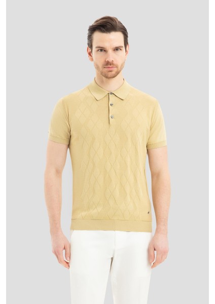 Erkek Su Yeşili Polo Yaka Jakarlı Tişört - Slim Fit