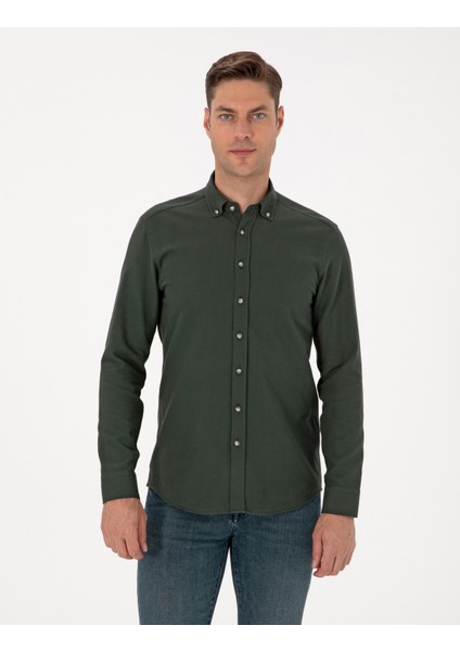 Erkek Koyu Haki Slim Fit Uzun Kollu Gömlek 50311562-VR111