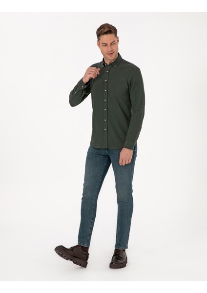 Erkek Koyu Haki Slim Fit Uzun Kollu Gömlek 50311562-VR111 fırsatları