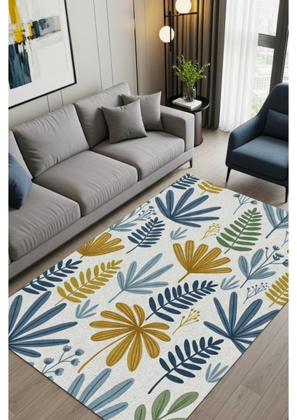 Krem Yaprak Desenli Halı Dijital Baskılı Dokuma Kaymaz Tabanlı Yıkanabilir Çiçekli Antialerjik Genç Odası Halısı