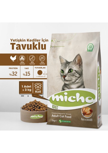 Adult Cat Tavuklu Yetişkin Kedi Maması 3 Kg, Tüm Irklar Için, Doğal, Şeker Içermez