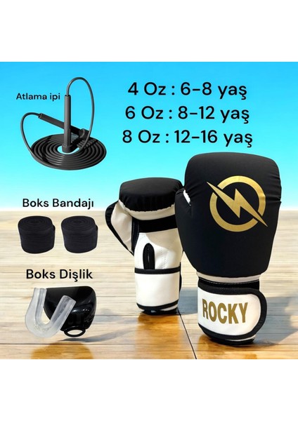 Rocky Çocuk Boks Kicboks Muay Thai Eldiveni 4-6-8 Oz Junior Kidz Boks Eldiveni Atlama Ipi Dişlik ve Bandaj Seti 3,5 M