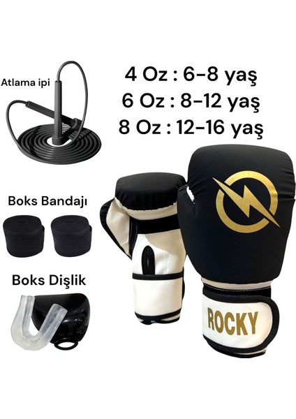 Rocky Çocuk Boks Kicboks Muay Thai Eldiveni 4-6-8 Oz Junior Kidz Boks Eldiveni Atlama Ipi Dişlik ve Bandaj Seti 3,5 M fiyatları