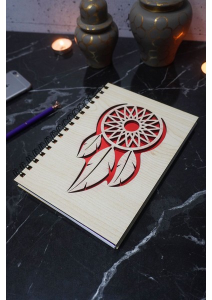 Rüya Kapanı Desenli Ahşap Kapaklı Defter - Ajanda - Günlük - Çizgisiz Defter - Anı Defteri