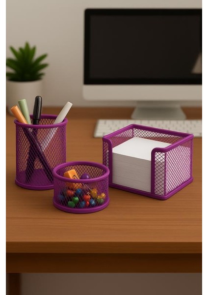 Masaüstü Perfore 3`lü Mor Kalemlik Seti ND-1019