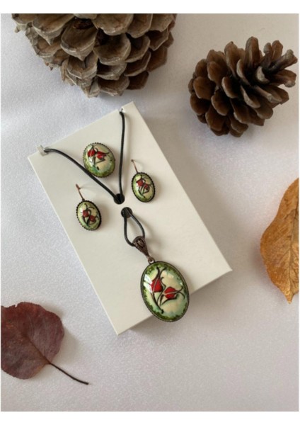 Iznik Çini Kolye Küpe Yüzük Set El Boyaması Model 2 Yeşil Renk