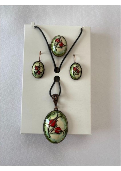 Iznik Çini Kolye Küpe Yüzük Set El Boyaması Model 2 Yeşil Renk modelleri