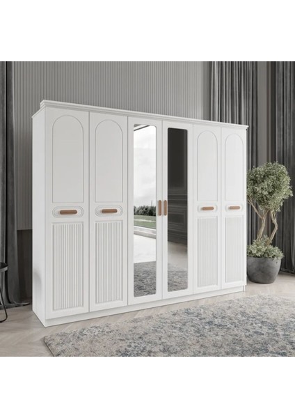 Pera 6 Kapaklı Modern Gardırop MDF Malzeme Ayna ile Şık Tasarım 210 cm Yükseklik