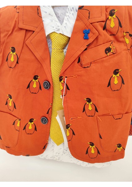 Penguen Desenli Kravatlı 4'lü Erkek Çocuk Takımı - Ceket, Gömlek, Kemer ve Kot Şort modelleri