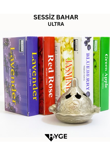 Sessiz Bahar Ultra |konik Tütsü Seti| Lavanta, Yasemin, Kırmızı Gül, Böğürtlen, Yeşil Elma+Tütsülük