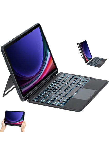 Samsung Galaxy Tab S10/S9 Fe Plus Için Keyboard Bluetooh Işıklı Standlı Klavyeli Tablet Kılıfı