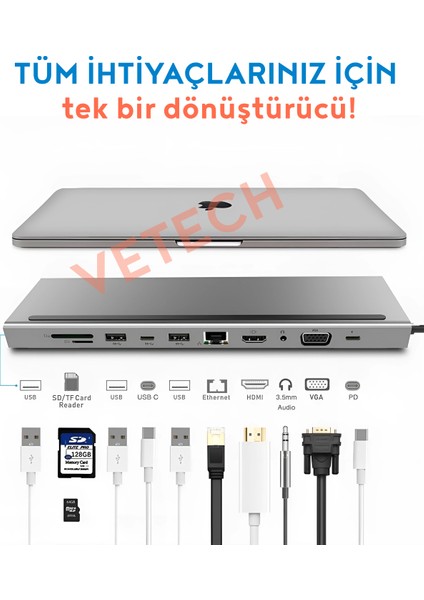 12IN1 Type-C Port Çoklayıcı MacBook Uyumlu Hdmı/ethernet/sd/usb 3.0/vga Çoklayıcı modelleri