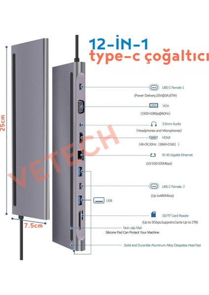 12IN1 Type-C Port Çoklayıcı MacBook Uyumlu Hdmı/ethernet/sd/usb 3.0/vga Çoklayıcı fırsatları