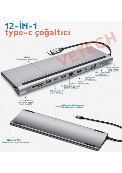 12IN1 Type-C Port Çoklayıcı MacBook Uyumlu Hdmı/ethernet/sd/usb 3.0/vga Çoklayıcı indirimleri