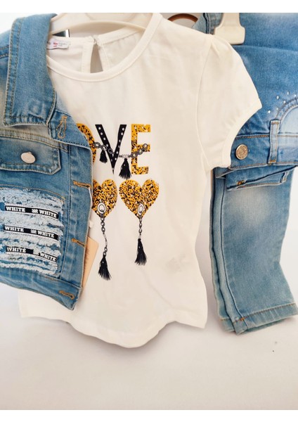 Love Baskılı Kız Çocuk 3’lü Kot Takım – Ceket + Tişört + Pantolon
