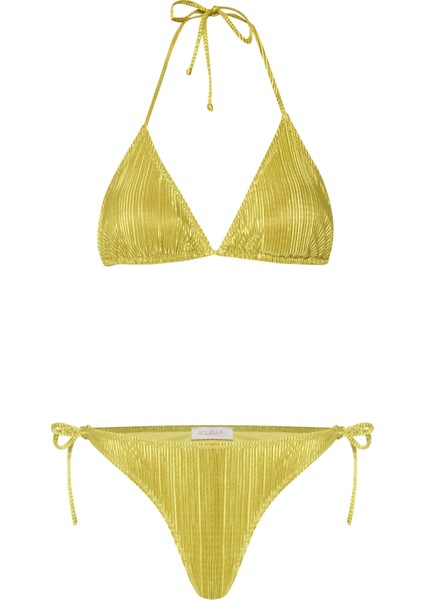 Piliseli Saten Neon Yeşil Üçgen Bikini Takım