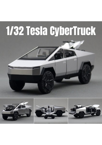1/32 Tesla Cybertruck Pikap Oyuncak Araba Minyatür Döküm Metal Off Road Araç Modeli Geri Çekin Ses Işığı Koleksiyonu Hediye Çocuk (Yurt Dışından)