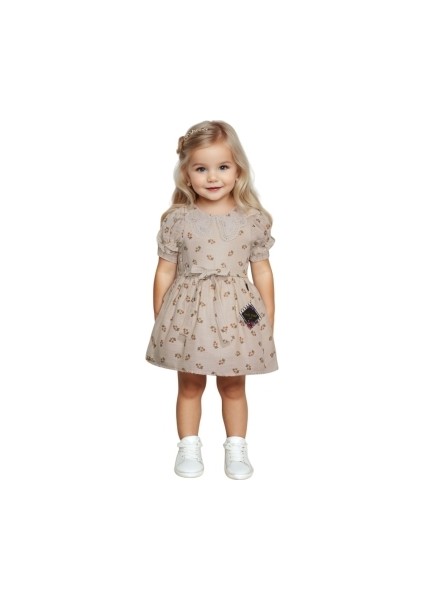Müslin %100 Pamuk Astarlı Kız Elbisesi & Lady Gold Model & Çiçek Desenli & Dantel Yaka & 2-5 Yaş Bej Renk