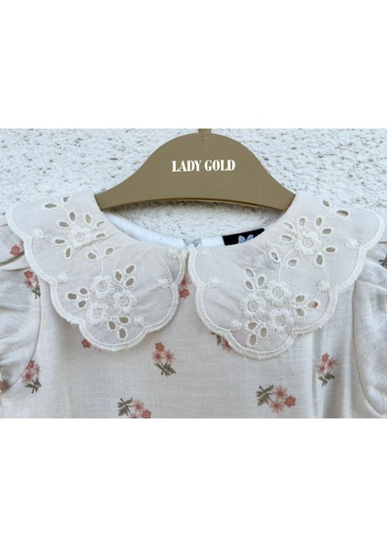 Müslin %100 Pamuk Astarlı Kız Elbisesi & Lady Gold Model & Çiçek Desenli & Dantel Yaka & 2-5 Yaş Bej Renk modelleri