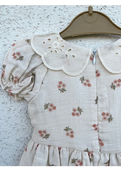 Müslin %100 Pamuk Astarlı Kız Elbisesi & Lady Gold Model & Çiçek Desenli & Dantel Yaka & 2-5 Yaş Bej Renk fırsatları