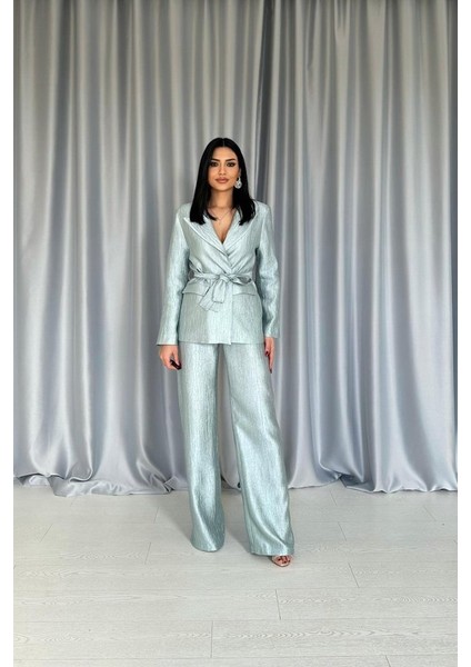 Mint Beli Kuşaklı Ceket ve Pantolon Parlak Takım