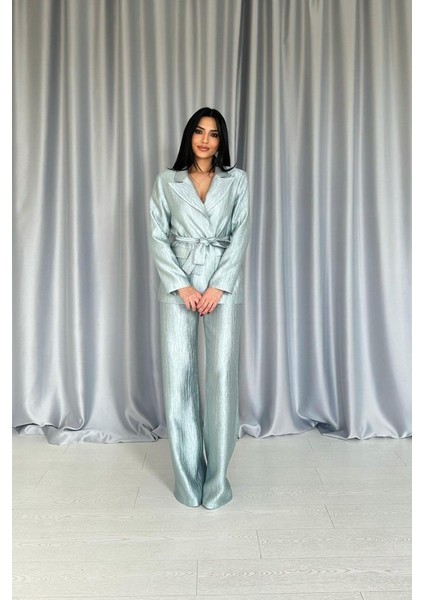 Mint Beli Kuşaklı Ceket ve Pantolon Parlak Takım fiyatları