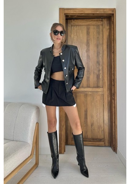 Siyah Önü Düğme Kapamalı Deri Ceket fiyatları