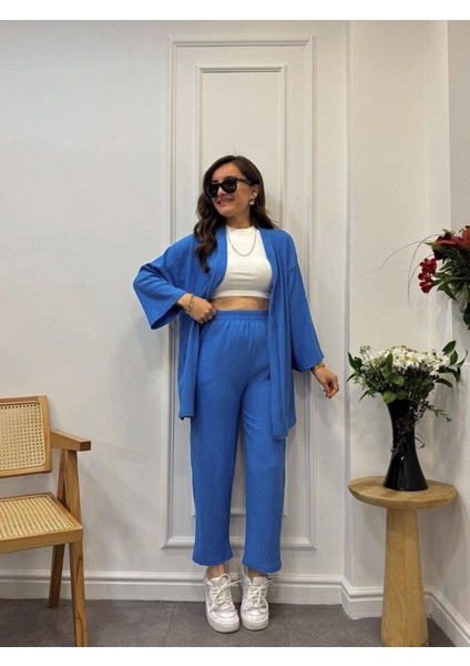 Kadın Uzun Kollu Önü Açık Dokuma Ceket ve Pantolon Ikili Takım